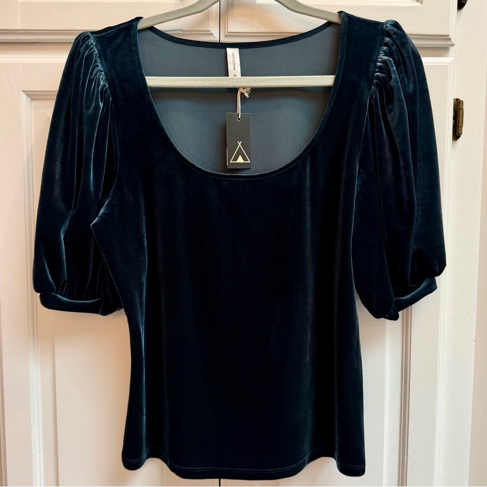 NWT Gentle Fawn Bardot Puff Sleeve Velvet Top Teal Blue Size Medium
